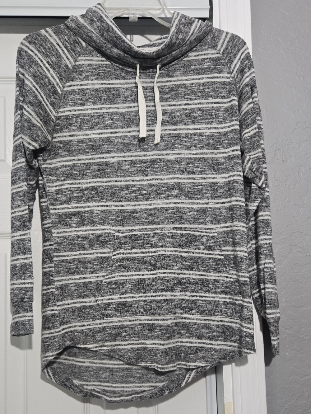 Ultra Flirt Gray & White Striped Cowl Neck Pullover